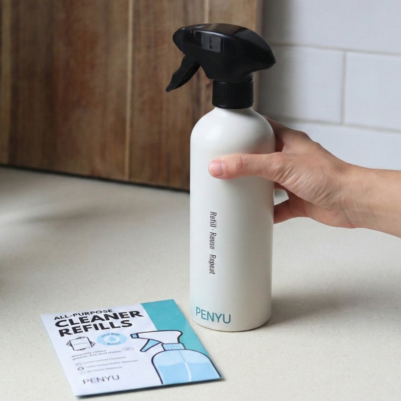 Aluminium spray bottle with black nozzle held by a hand on a kitchen counter, with a PENYU cleaner refills pack in the foreground.