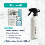 PENYU starter kit with all-purpose cleaner refills and an aluminium bottle on a white marble background.
