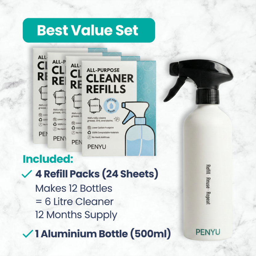 PENYU all-purpose cleaner refills and bottle on a marble background